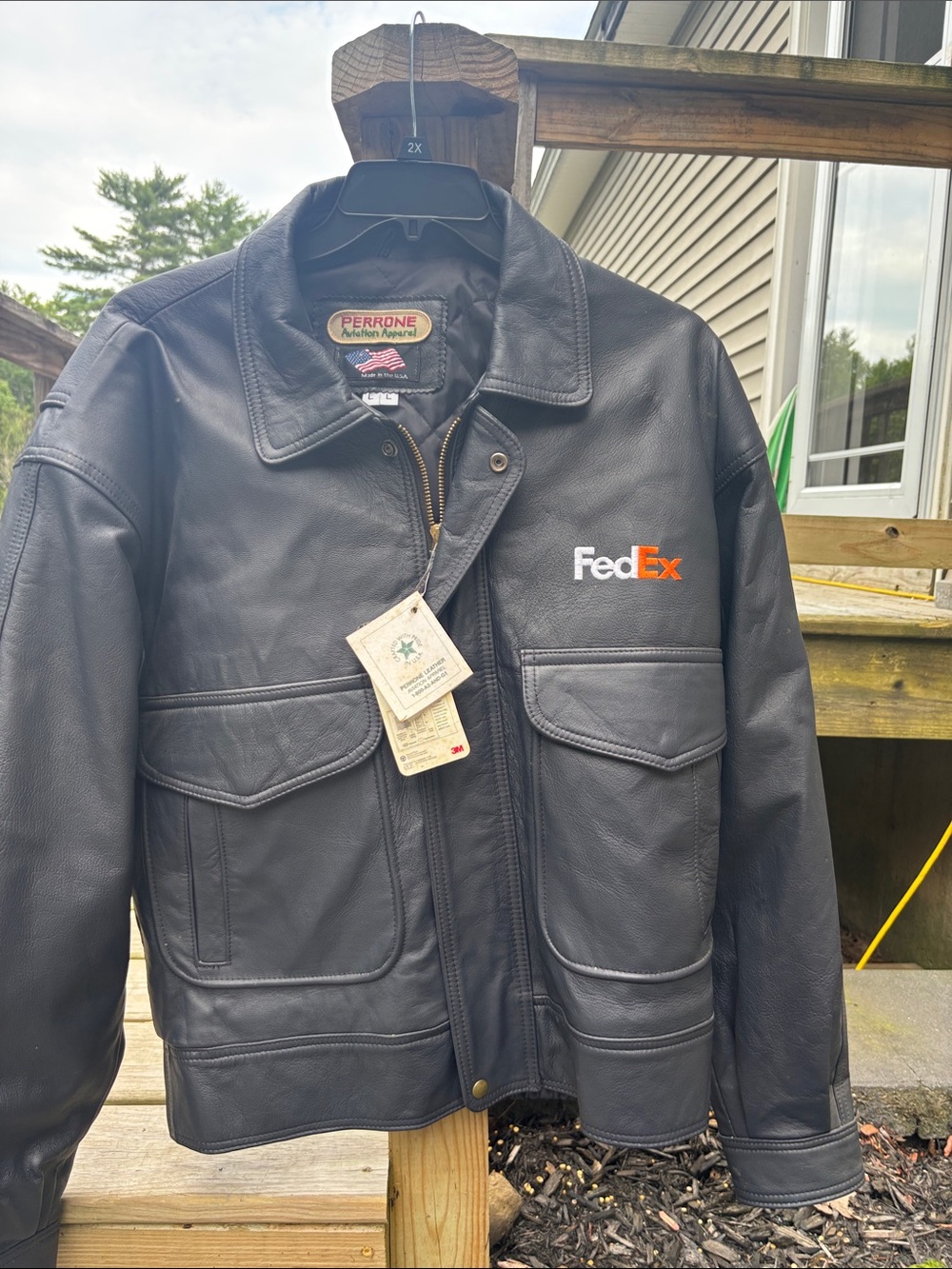 Black Leather Bomber Jacket with FedEx Embroidery